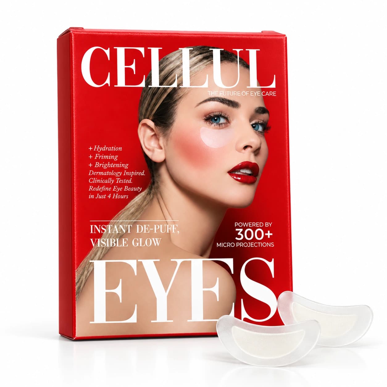Red CELLUL EYES box with two curved under-eye patches in a white studio