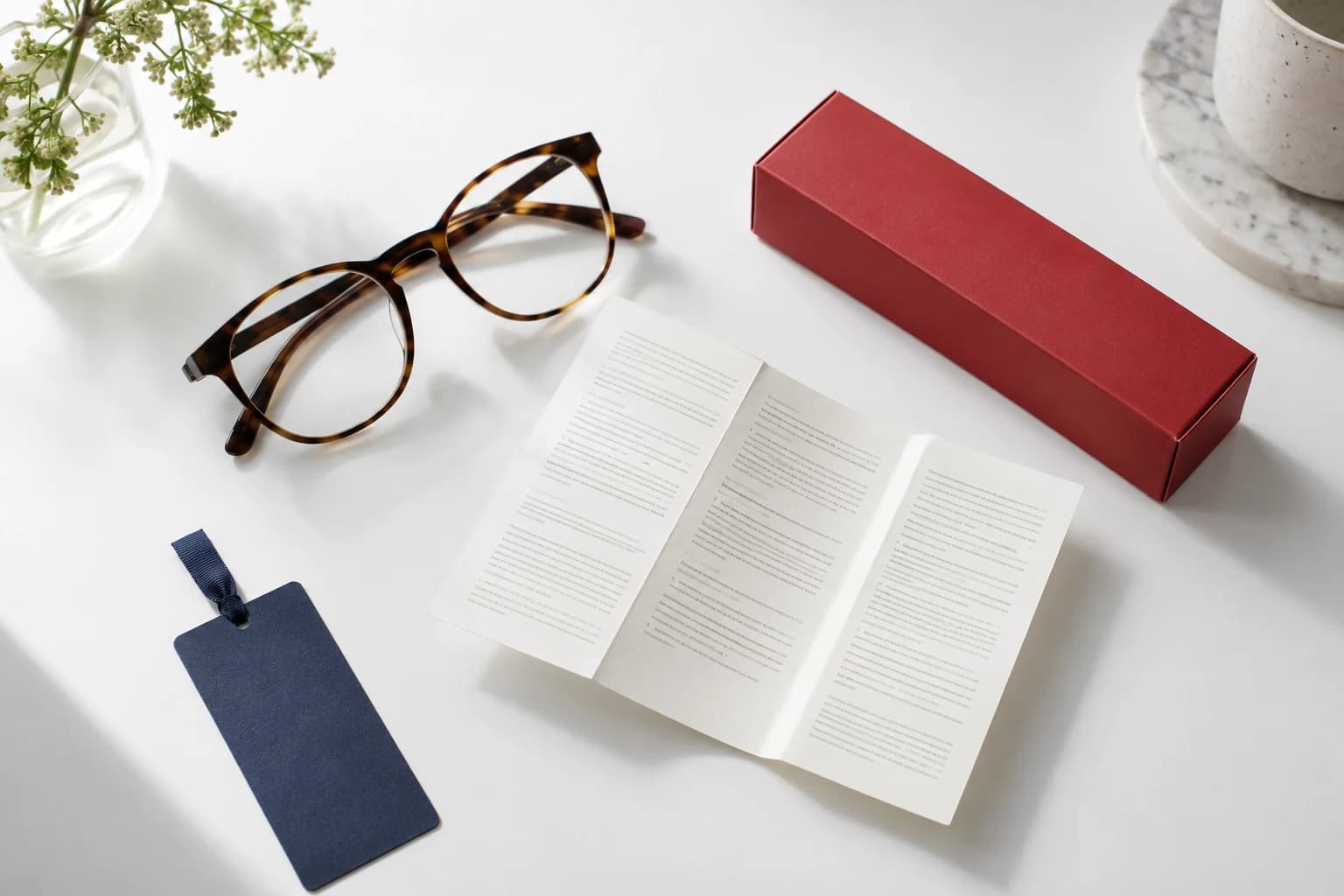 Reading glasses beside an illustrative instruction leaflet and plain red carton.