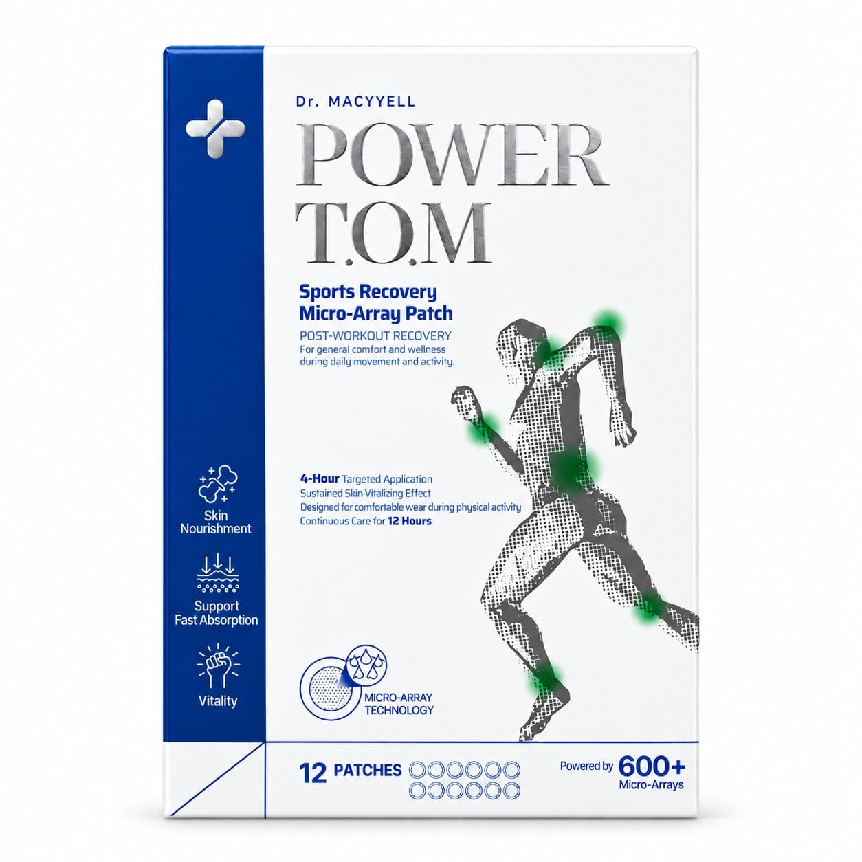POWER T.O.M silver-lettered package, front view — studio image