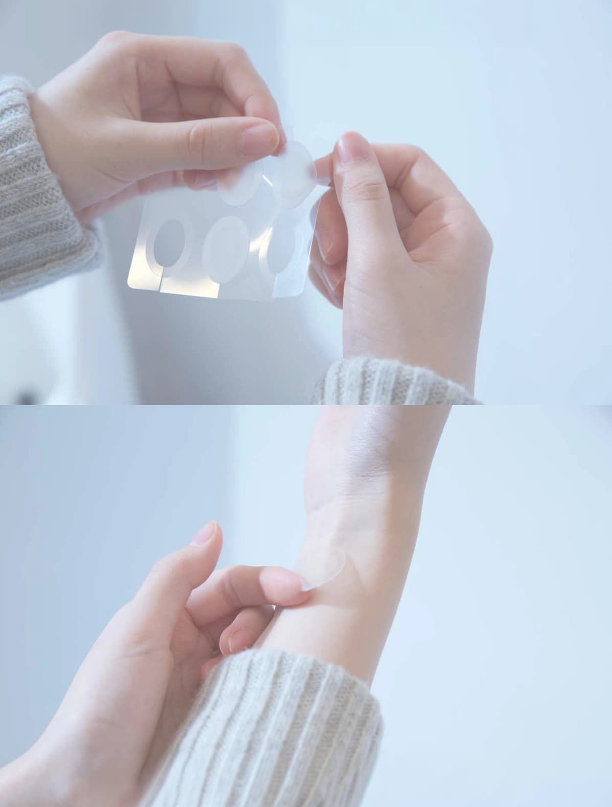 Two original photographs showing a patch being removed from its tray and applied to an arm