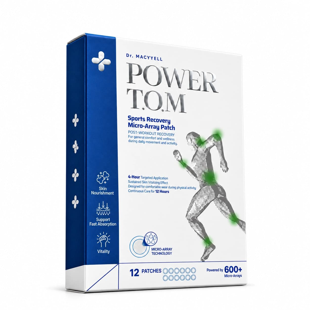 POWER T.O.M silver-lettered package, left angle — studio image