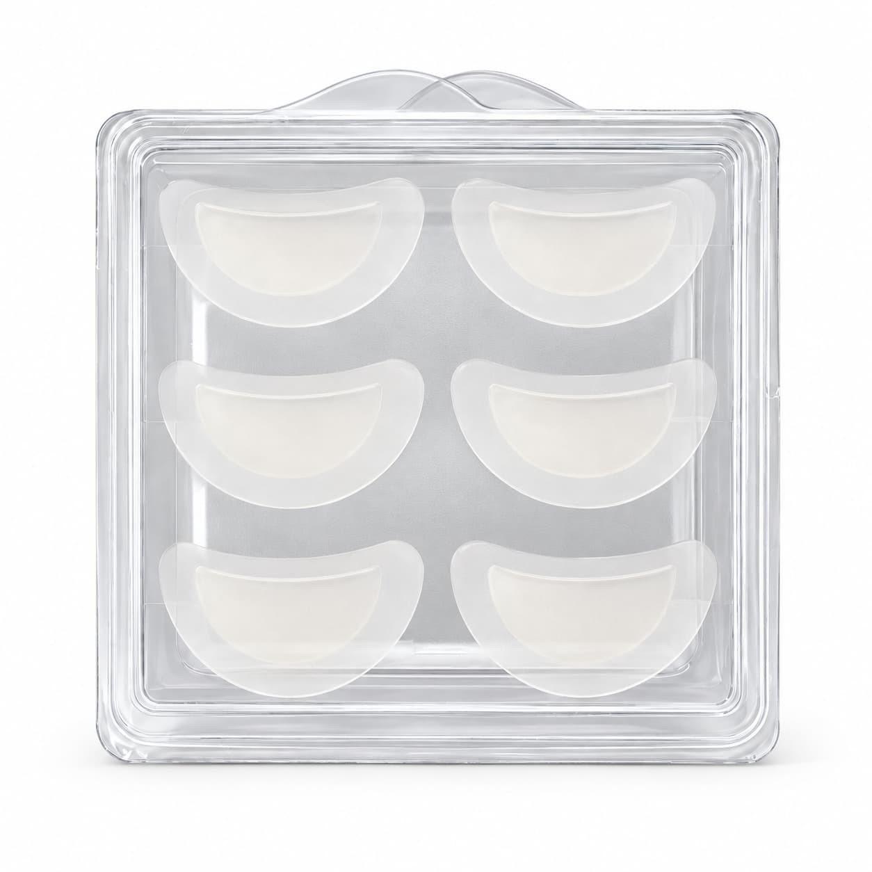 Studio image of a clear protective case containing six curved CELLUL EYES patches in two columns