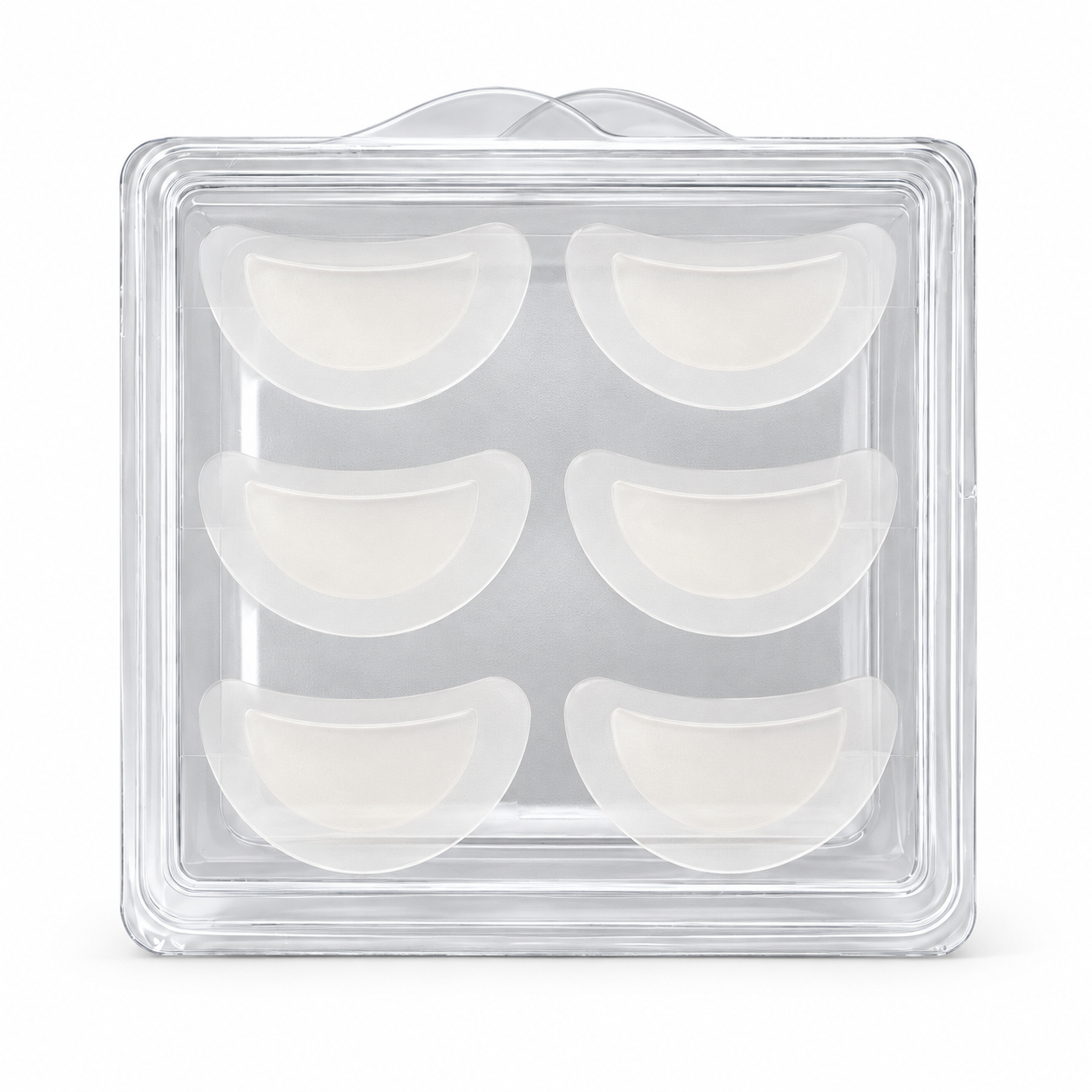 Studio image of a clear protective case containing six curved CELLUL EYES patches in two columns
