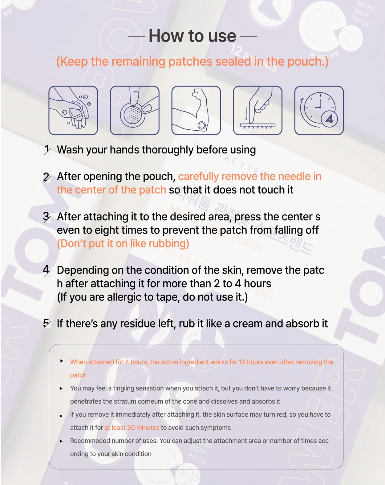 How to use POWER TOM: wash hands, remove patch carefully, apply, press, wear time guidance (as presented)
