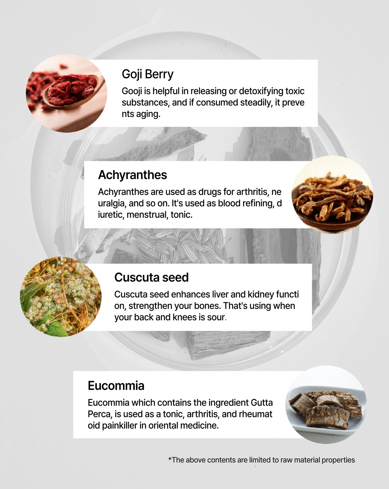 Materials used: goji berry, atractylodes, cuscuta seed, eucommia (as presented)