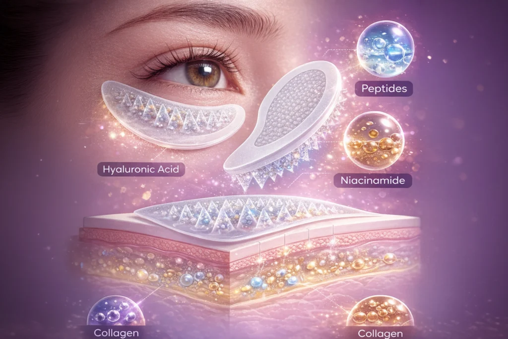 under eye microneedle patch delivering anti-aging ingredients through dissolving microneedles
