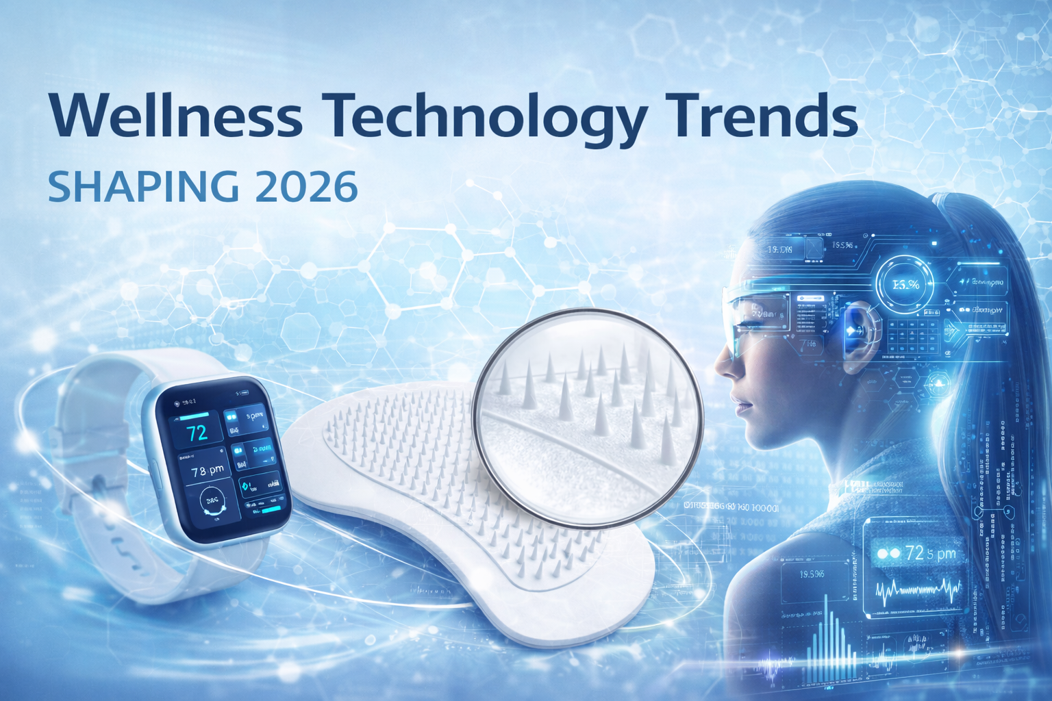 Wellness technology trends for 2026 showing smart wearable health device, microneedle patch delivery system, and AI-driven smart wellness innovation